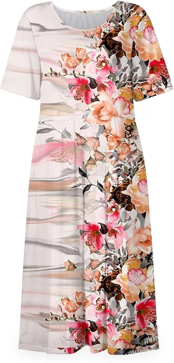 Ladies Dress Pleated Basic Round Neck 2024 Short-Sleeve Midi Loose Daily Women's Dresses Classic with Pocket