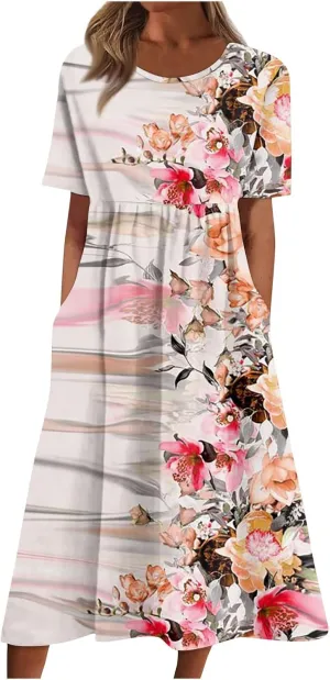 Ladies Dress Pleated Basic Round Neck 2024 Short-Sleeve Midi Loose Daily Women's Dresses Classic with Pocket