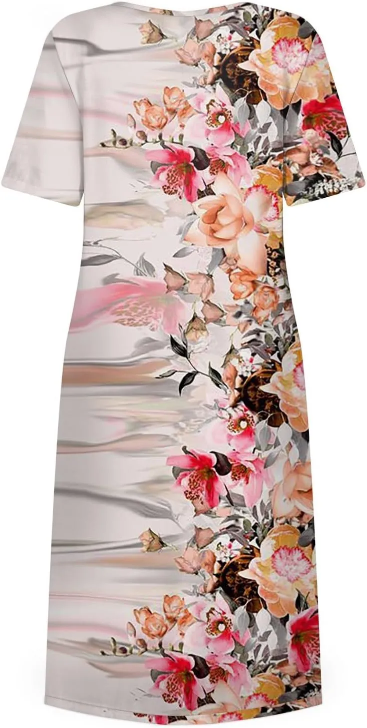 Ladies Dress Pleated Basic Round Neck 2024 Short-Sleeve Midi Loose Daily Women's Dresses Classic with Pocket
