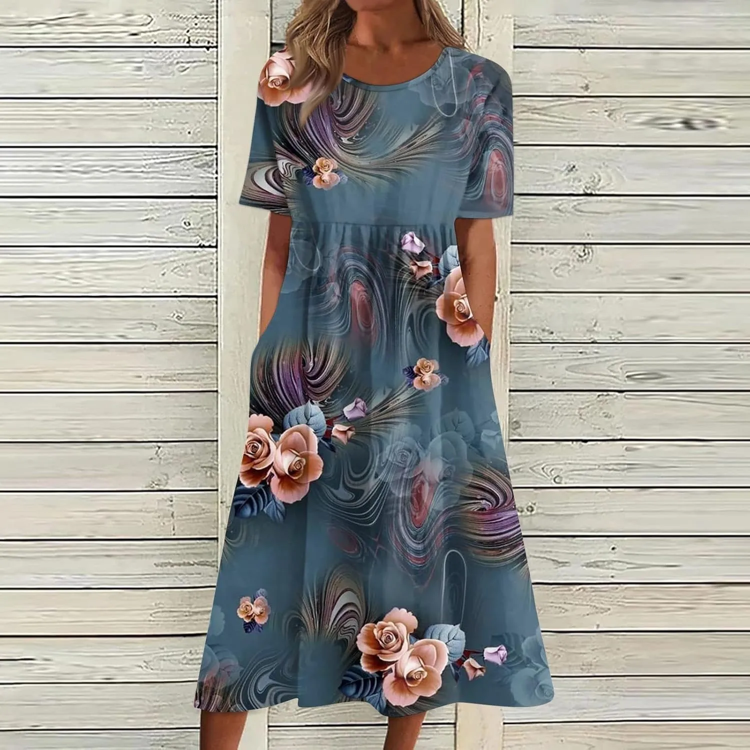 Ladies Dress Pleated Basic Round Neck 2024 Short-Sleeve Midi Loose Daily Women's Dresses Classic with Pocket