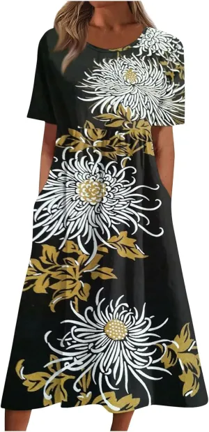 Ladies Dress Pleated Basic Round Neck 2024 Short-Sleeve Midi Loose Daily Women's Dresses Classic with Pocket