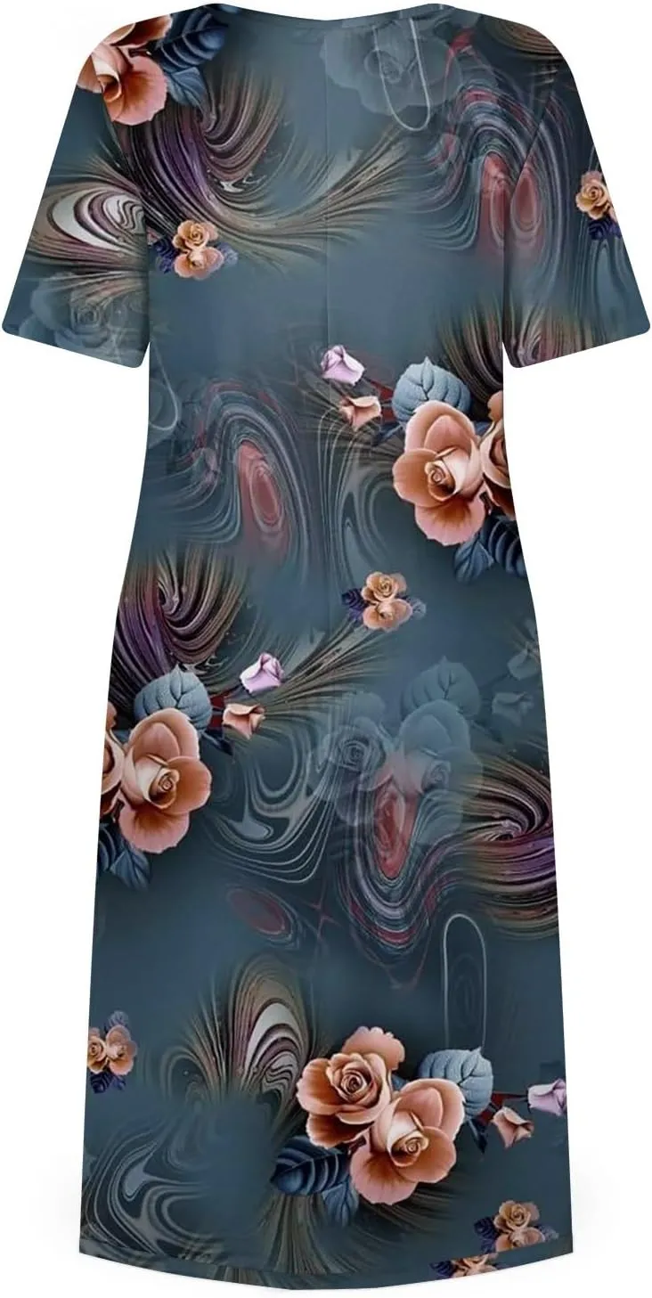 Ladies Dress Pleated Basic Round Neck 2024 Short-Sleeve Midi Loose Daily Women's Dresses Classic with Pocket