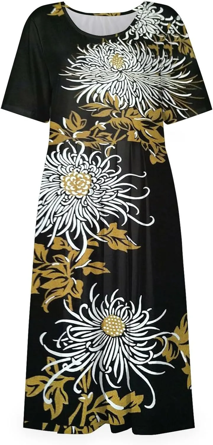 Ladies Dress Pleated Basic Round Neck 2024 Short-Sleeve Midi Loose Daily Women's Dresses Classic with Pocket