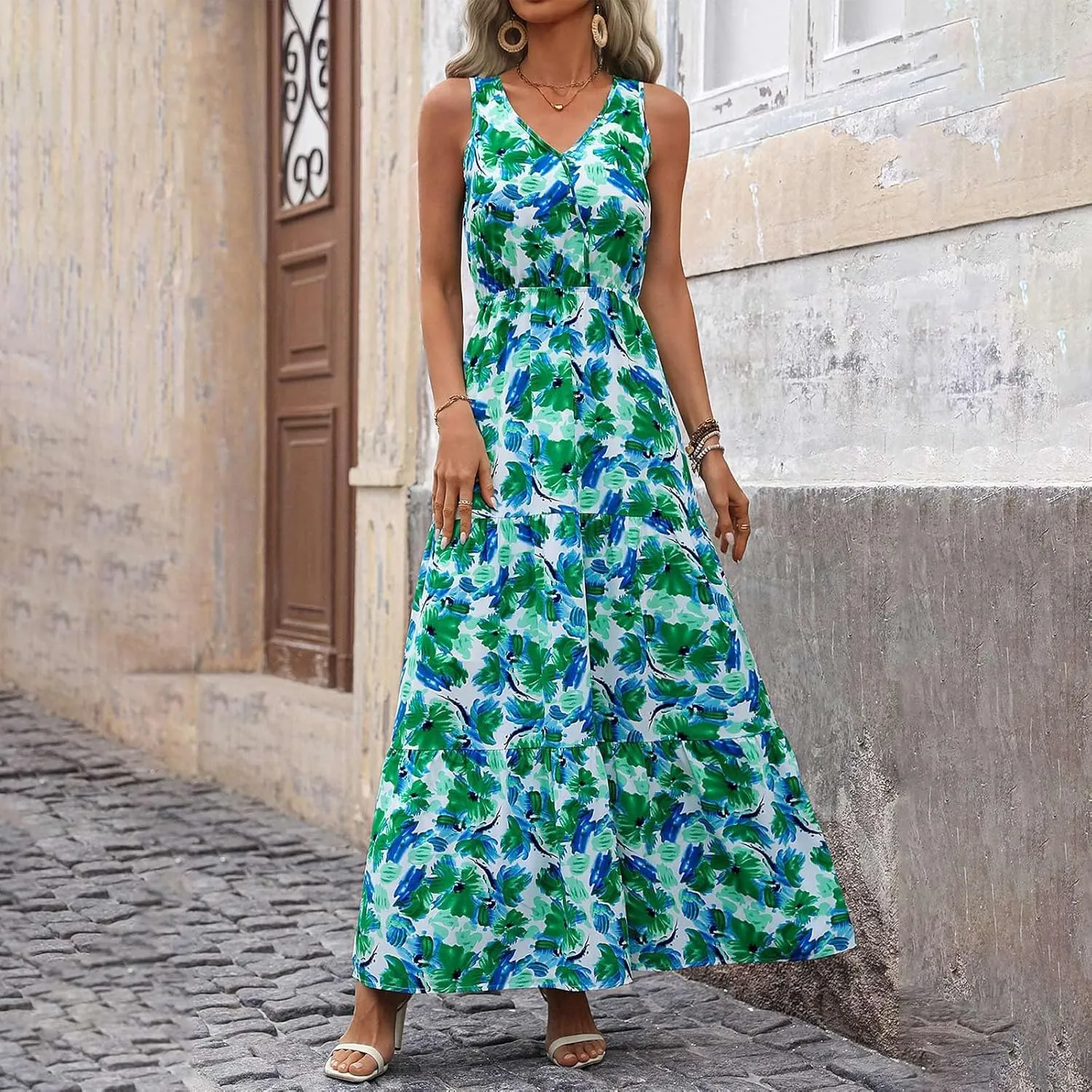lcyhony Floral Dress for Women Summer Sleeveless V Neck Wrap Maxi Dresses Elegant Flowy A Line Casual Beach Vacation Sundress