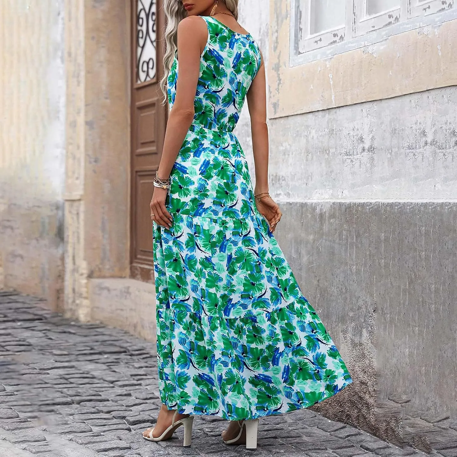 lcyhony Floral Dress for Women Summer Sleeveless V Neck Wrap Maxi Dresses Elegant Flowy A Line Casual Beach Vacation Sundress