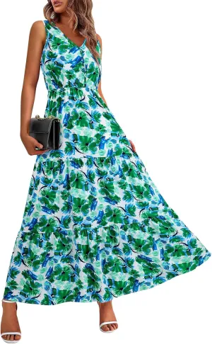 lcyhony Floral Dress for Women Summer Sleeveless V Neck Wrap Maxi Dresses Elegant Flowy A Line Casual Beach Vacation Sundress