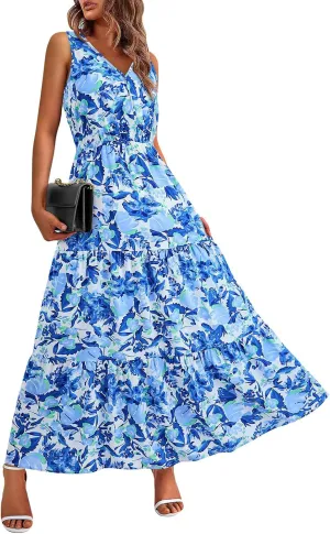 lcyhony Floral Dress for Women Summer Sleeveless V Neck Wrap Maxi Dresses Elegant Flowy A Line Casual Beach Vacation Sundress
