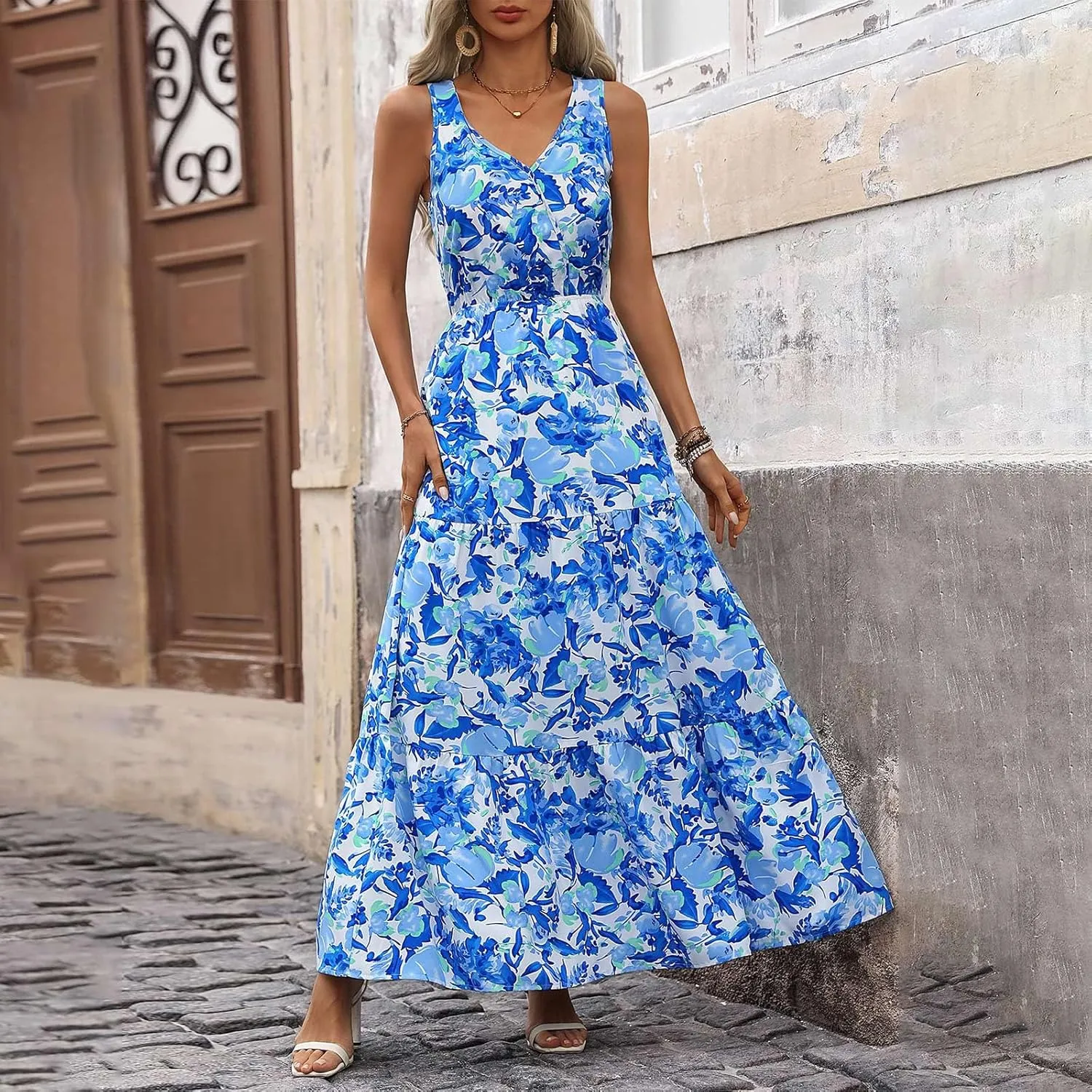 lcyhony Floral Dress for Women Summer Sleeveless V Neck Wrap Maxi Dresses Elegant Flowy A Line Casual Beach Vacation Sundress