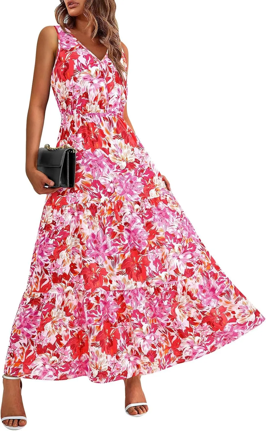lcyhony Floral Dress for Women Summer Sleeveless V Neck Wrap Maxi Dresses Elegant Flowy A Line Casual Beach Vacation Sundress