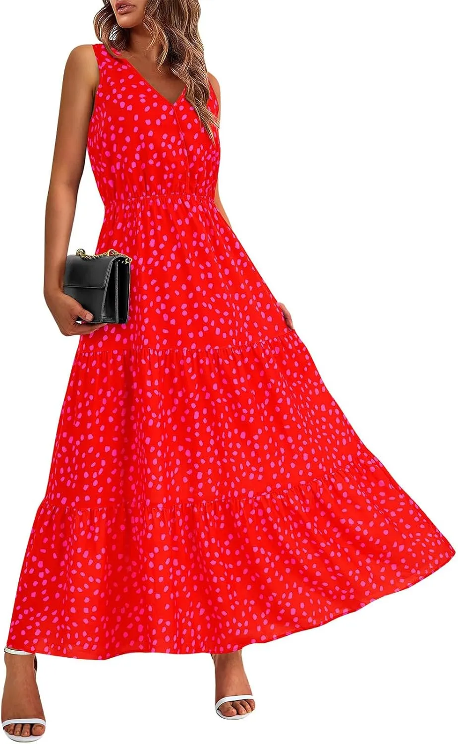 lcyhony Floral Dress for Women Summer Sleeveless V Neck Wrap Maxi Dresses Elegant Flowy A Line Casual Beach Vacation Sundress