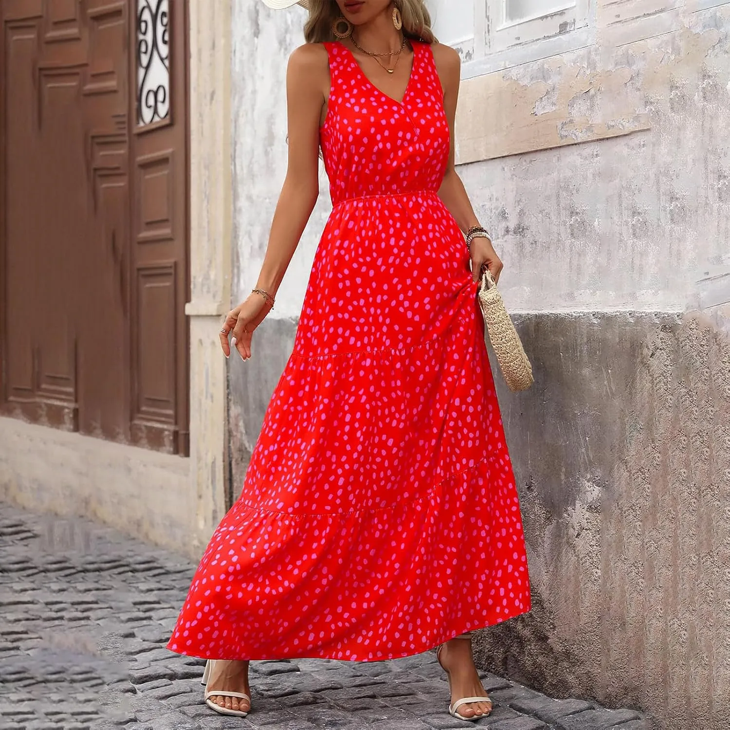 lcyhony Floral Dress for Women Summer Sleeveless V Neck Wrap Maxi Dresses Elegant Flowy A Line Casual Beach Vacation Sundress