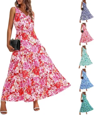 lcyhony Floral Dress for Women Summer Sleeveless V Neck Wrap Maxi Dresses Elegant Flowy A Line Casual Beach Vacation Sundress