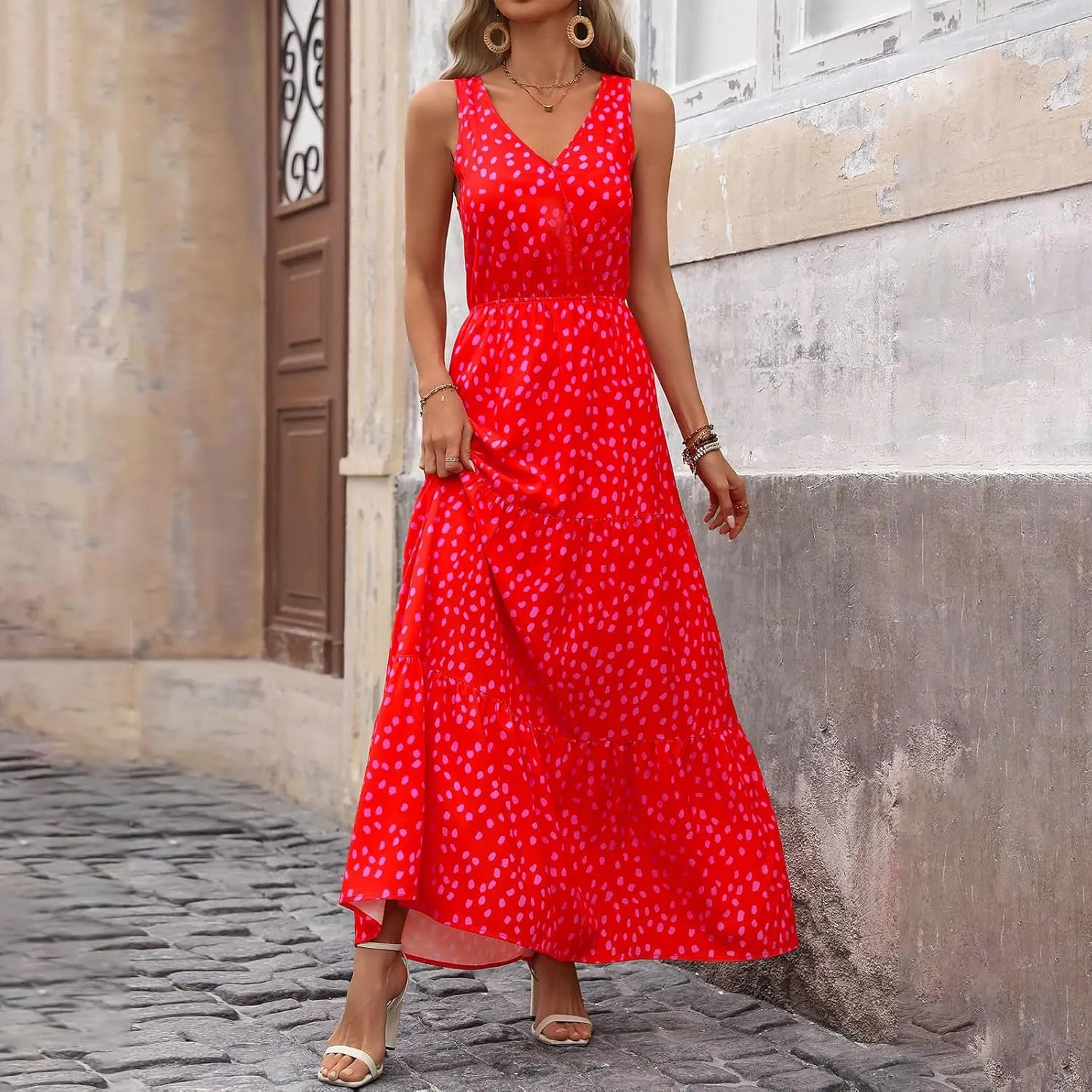 lcyhony Floral Dress for Women Summer Sleeveless V Neck Wrap Maxi Dresses Elegant Flowy A Line Casual Beach Vacation Sundress