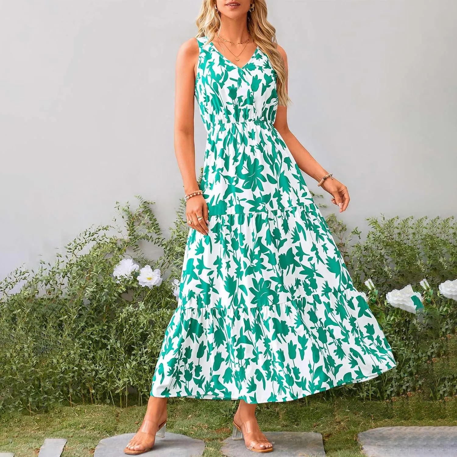 lcyhony Floral Dress for Women Summer Sleeveless V Neck Wrap Maxi Dresses Elegant Flowy A Line Casual Beach Vacation Sundress