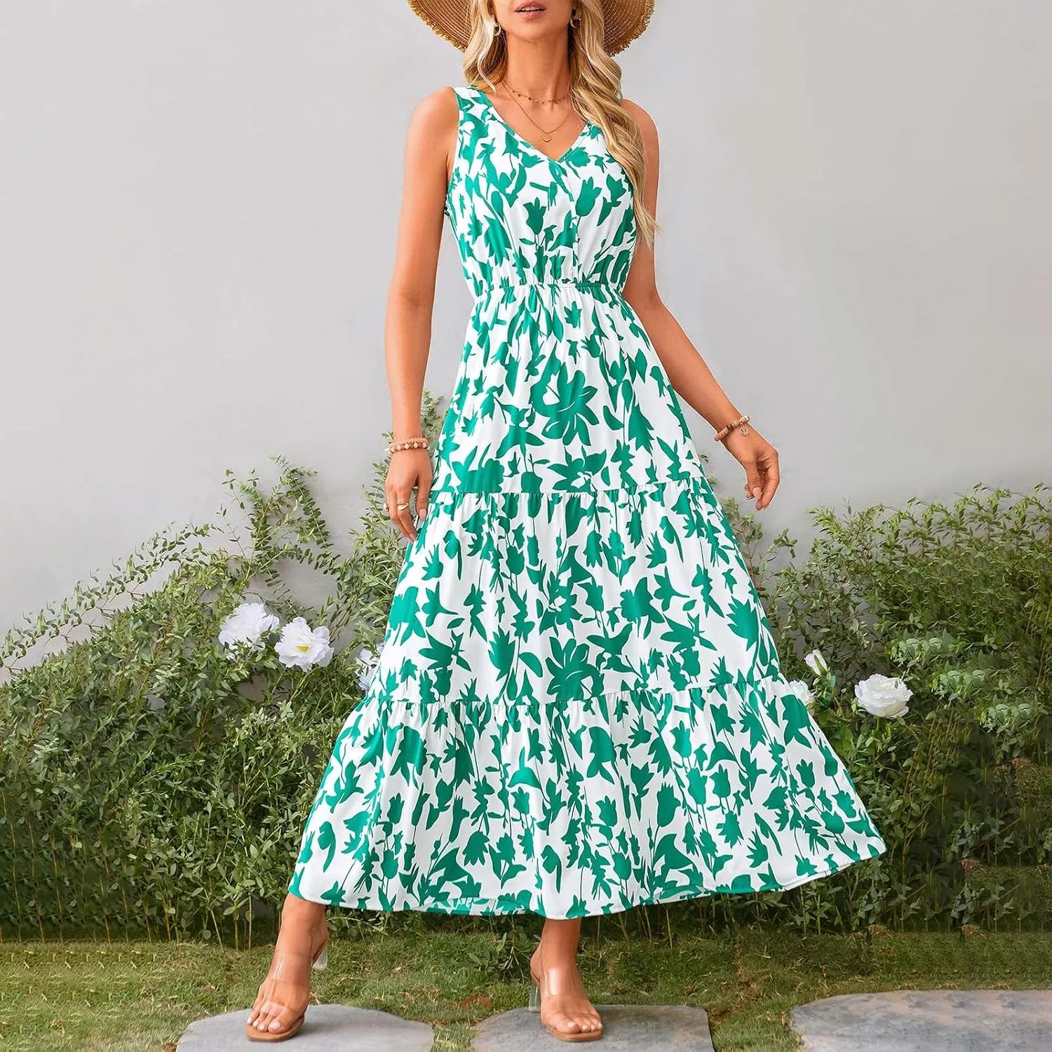 lcyhony Floral Dress for Women Summer Sleeveless V Neck Wrap Maxi Dresses Elegant Flowy A Line Casual Beach Vacation Sundress
