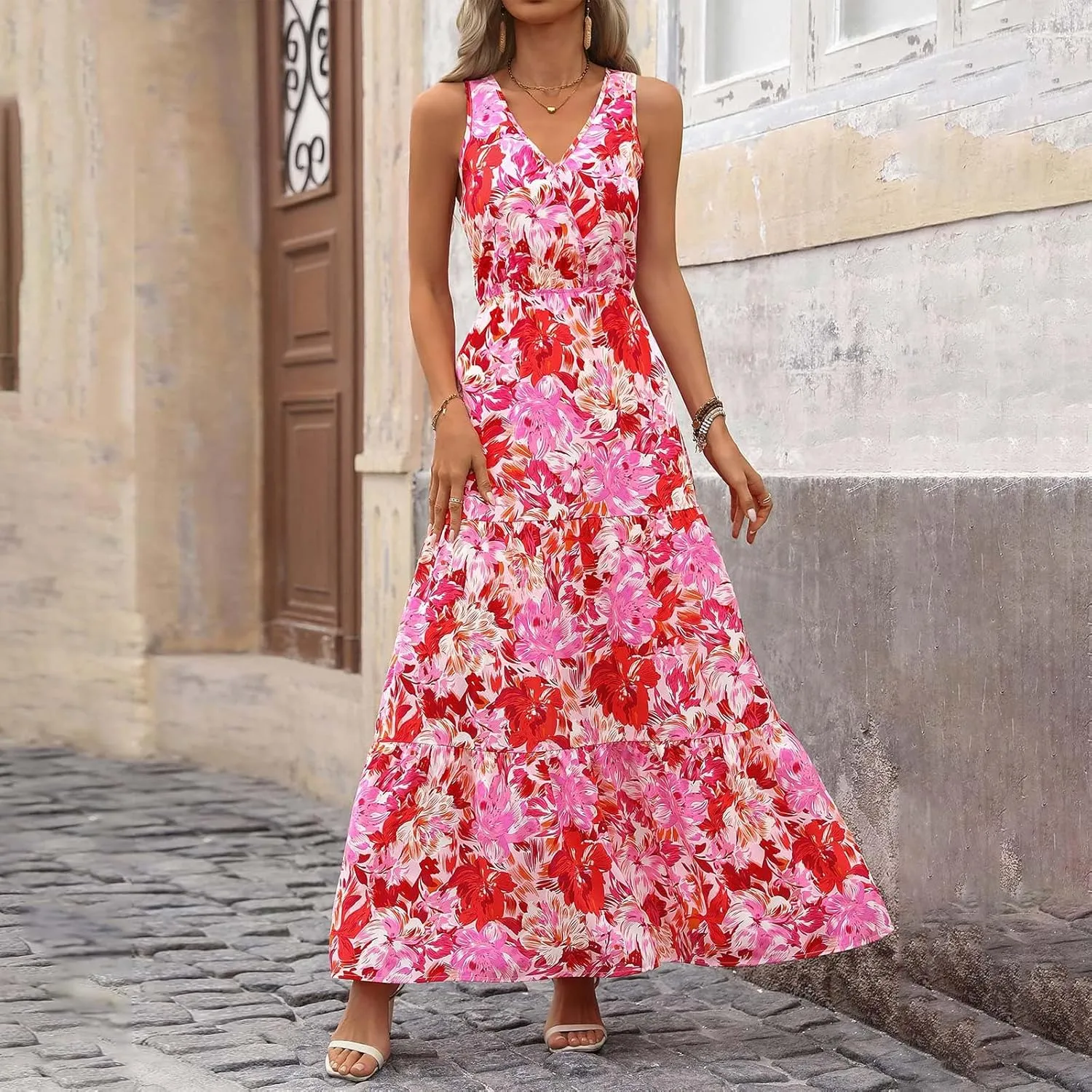 lcyhony Floral Dress for Women Summer Sleeveless V Neck Wrap Maxi Dresses Elegant Flowy A Line Casual Beach Vacation Sundress