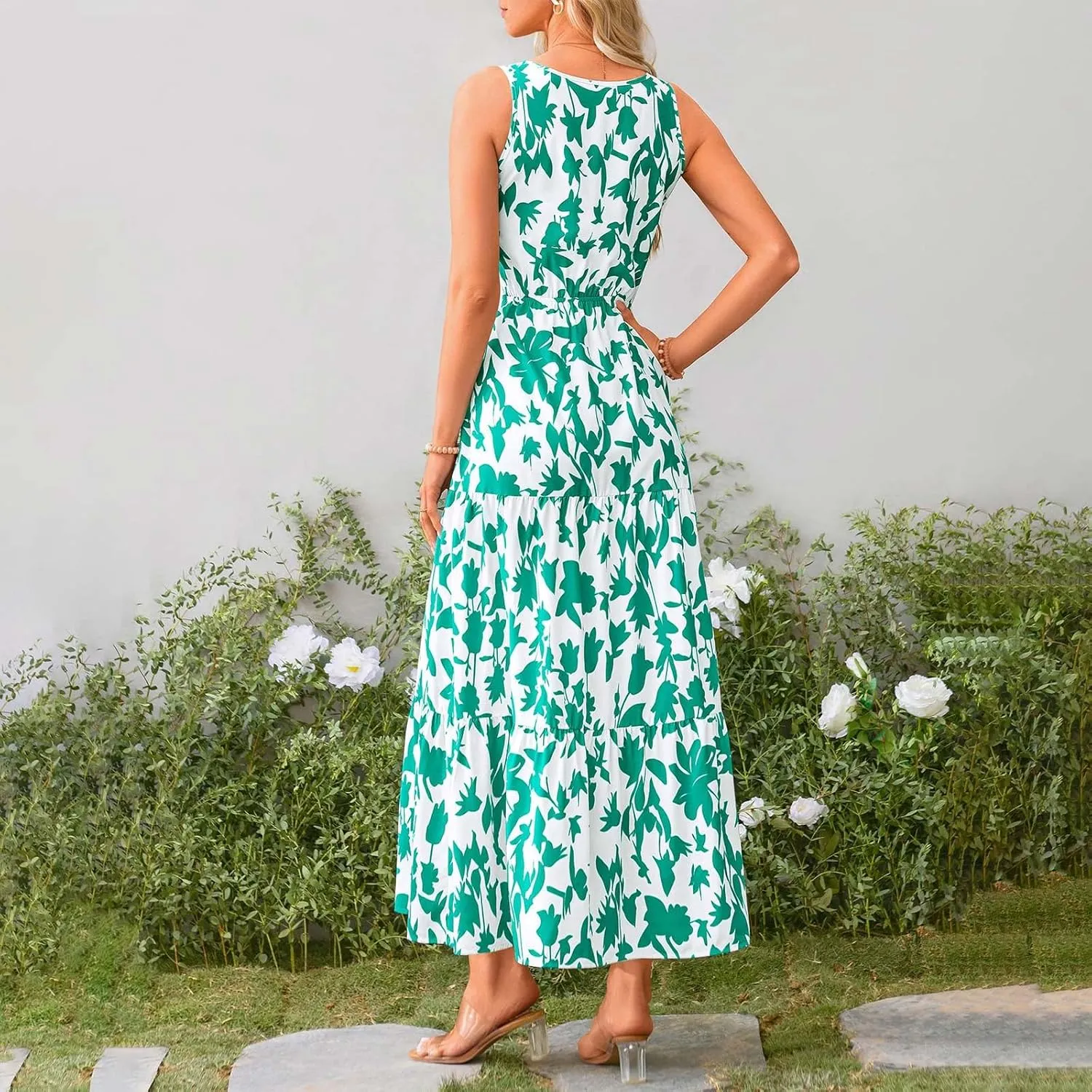 lcyhony Floral Dress for Women Summer Sleeveless V Neck Wrap Maxi Dresses Elegant Flowy A Line Casual Beach Vacation Sundress