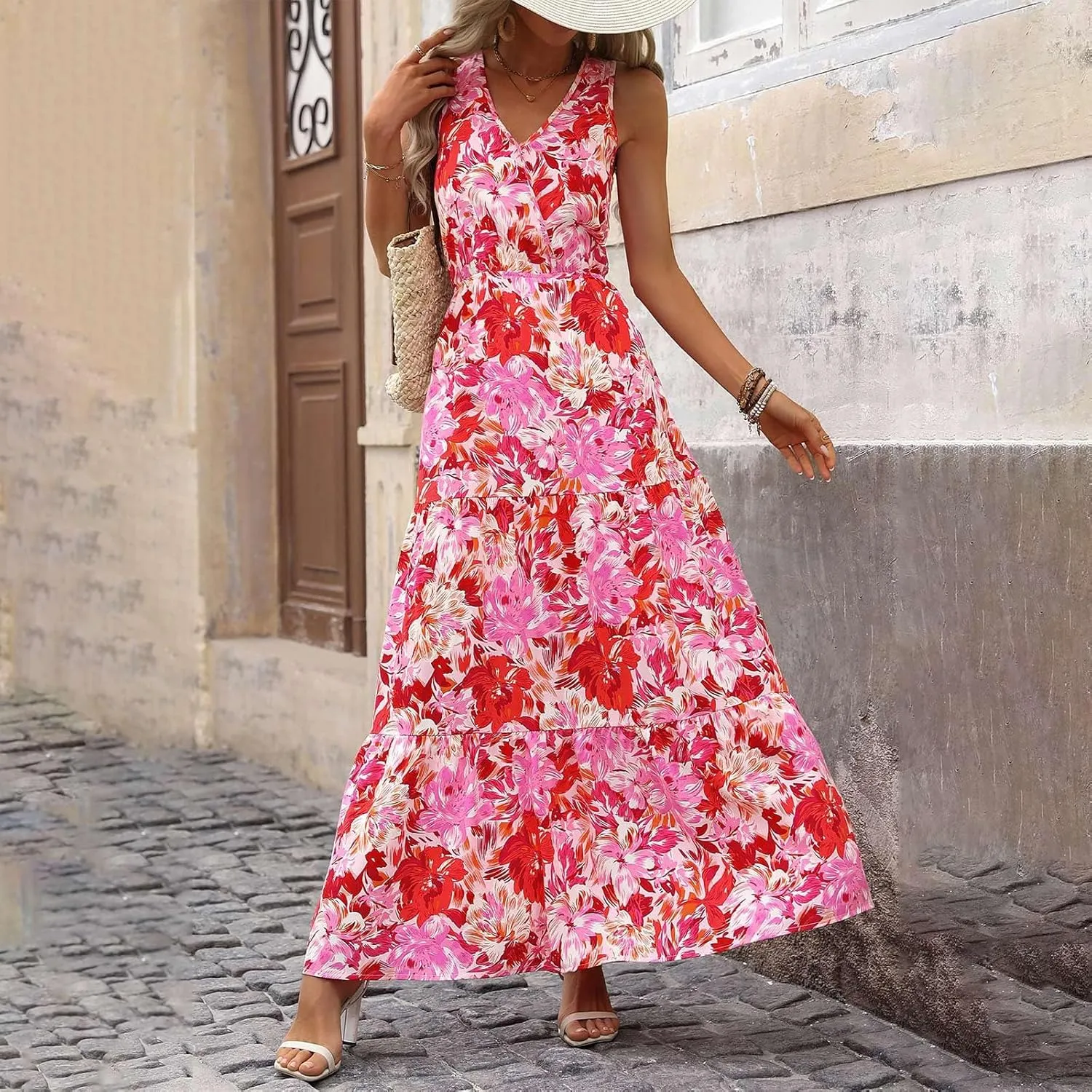 lcyhony Floral Dress for Women Summer Sleeveless V Neck Wrap Maxi Dresses Elegant Flowy A Line Casual Beach Vacation Sundress