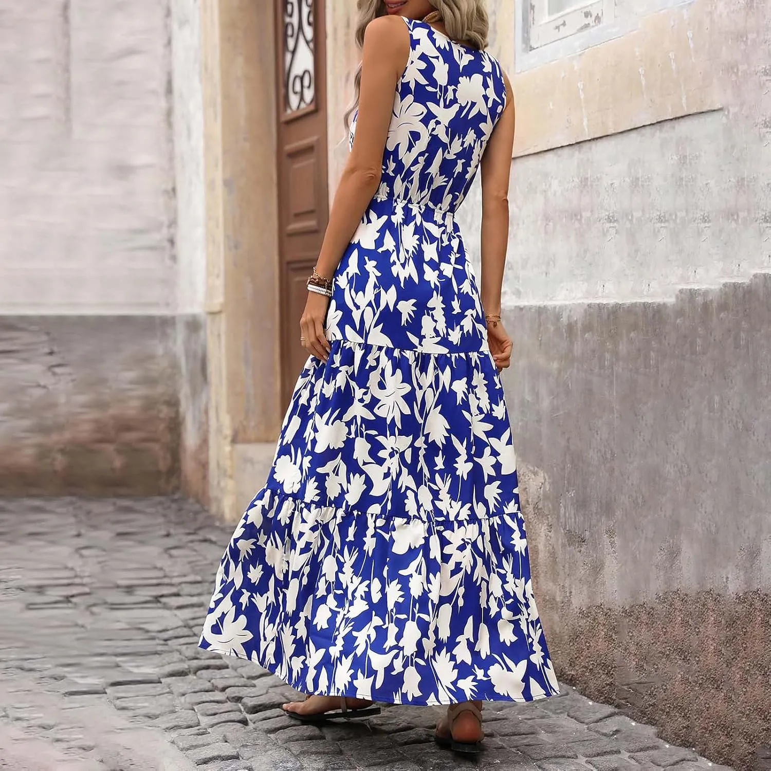 lcyhony Floral Dress for Women Summer Sleeveless V Neck Wrap Maxi Dresses Elegant Flowy A Line Casual Beach Vacation Sundress