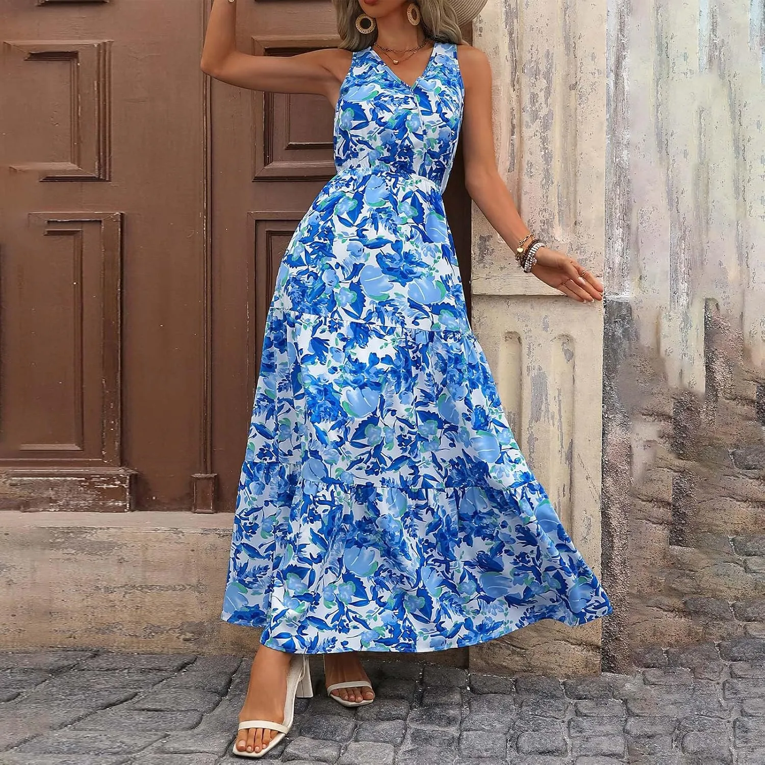 lcyhony Floral Dress for Women Summer Sleeveless V Neck Wrap Maxi Dresses Elegant Flowy A Line Casual Beach Vacation Sundress
