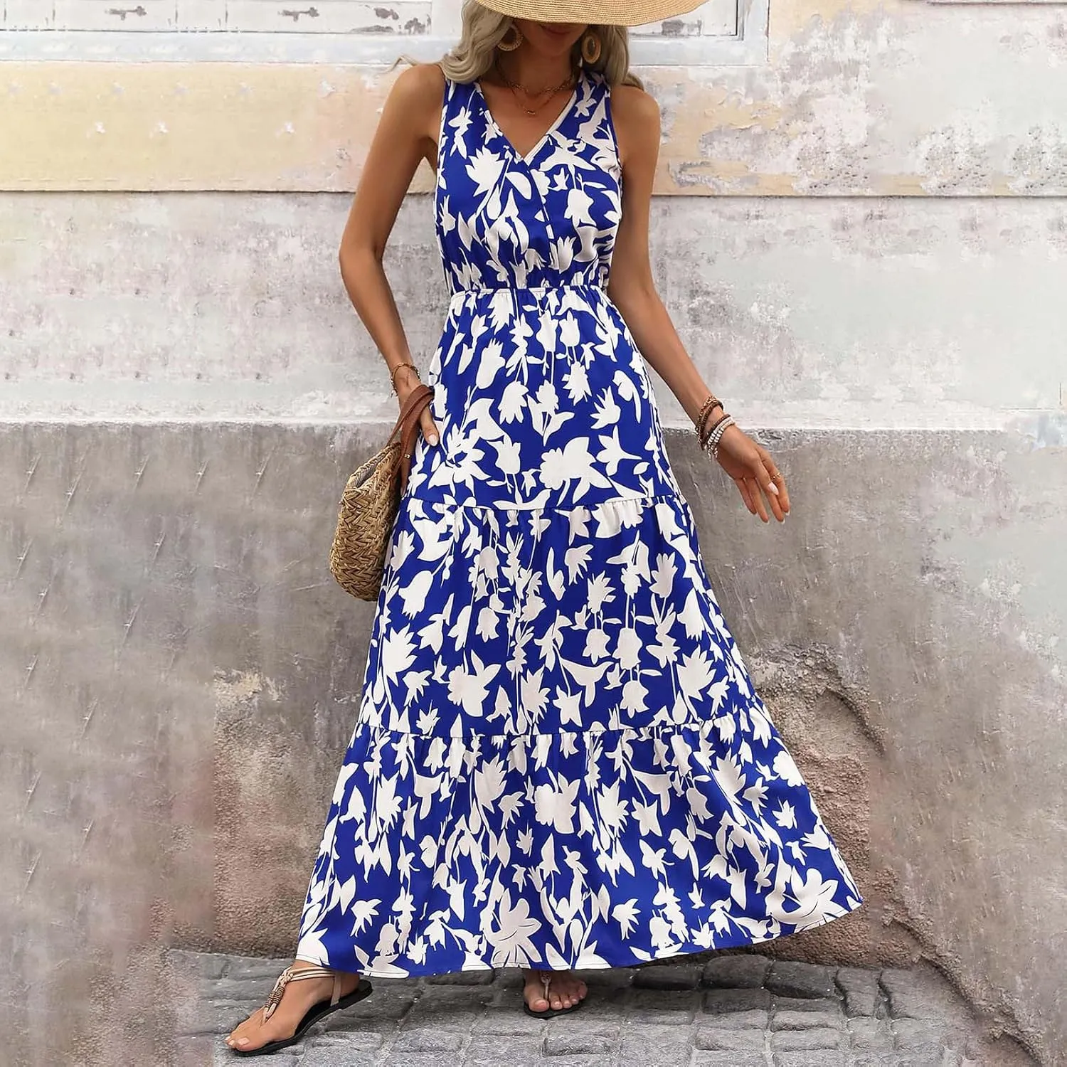 lcyhony Floral Dress for Women Summer Sleeveless V Neck Wrap Maxi Dresses Elegant Flowy A Line Casual Beach Vacation Sundress