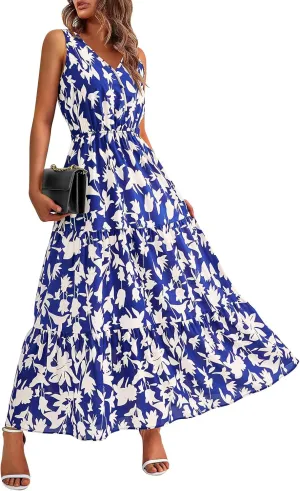 lcyhony Floral Dress for Women Summer Sleeveless V Neck Wrap Maxi Dresses Elegant Flowy A Line Casual Beach Vacation Sundress