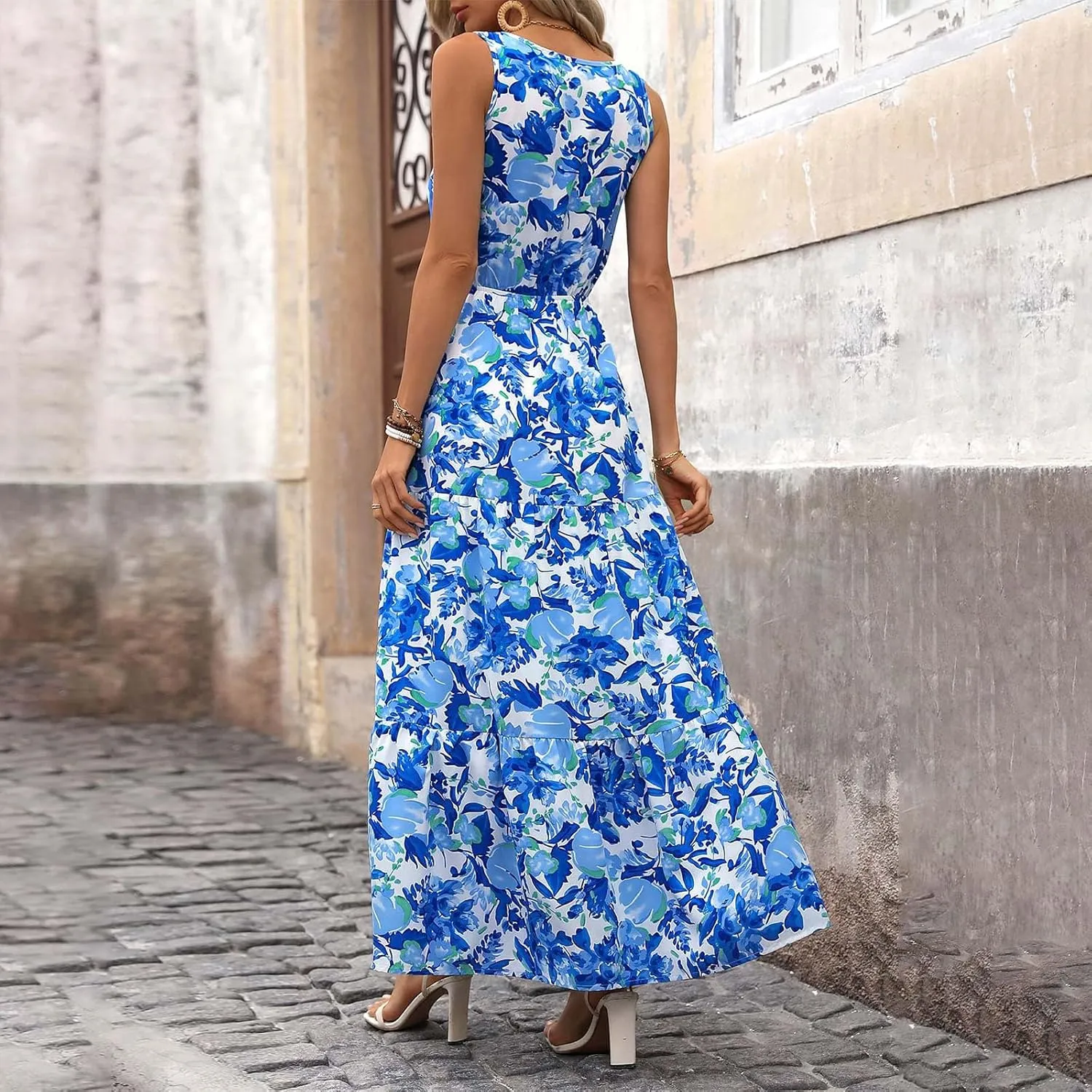 lcyhony Floral Dress for Women Summer Sleeveless V Neck Wrap Maxi Dresses Elegant Flowy A Line Casual Beach Vacation Sundress