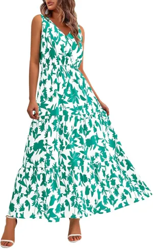 lcyhony Floral Dress for Women Summer Sleeveless V Neck Wrap Maxi Dresses Elegant Flowy A Line Casual Beach Vacation Sundress