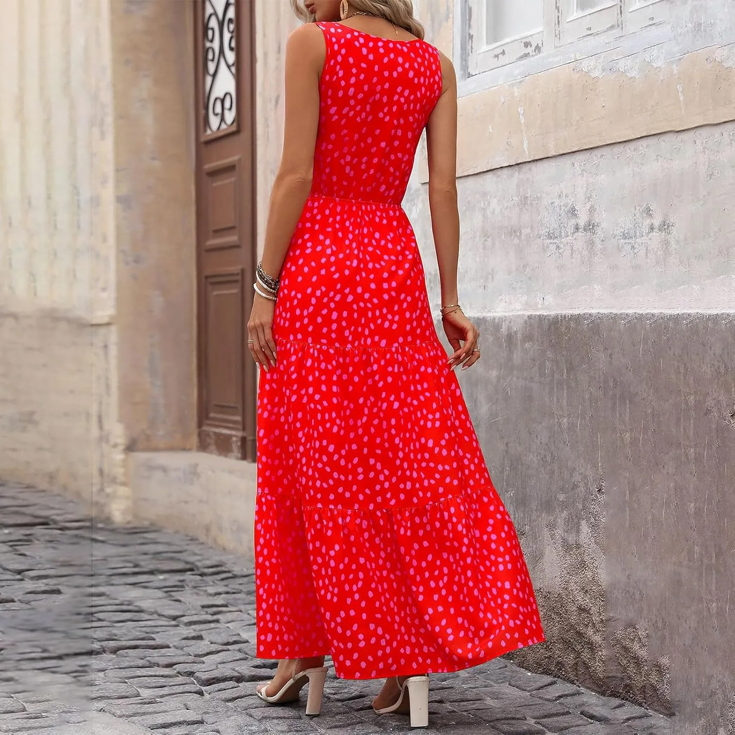 lcyhony Floral Dress for Women Summer Sleeveless V Neck Wrap Maxi Dresses Elegant Flowy A Line Casual Beach Vacation Sundress