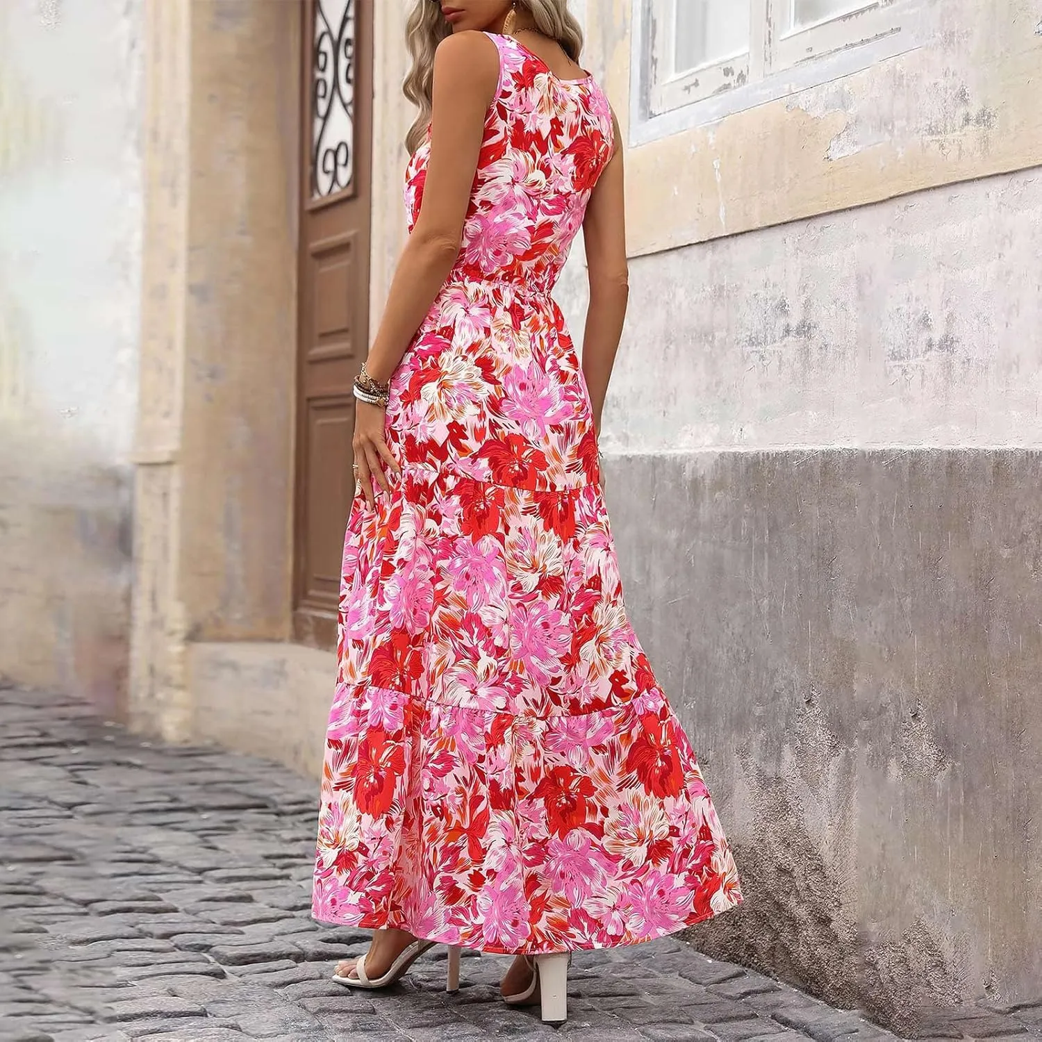 lcyhony Floral Dress for Women Summer Sleeveless V Neck Wrap Maxi Dresses Elegant Flowy A Line Casual Beach Vacation Sundress