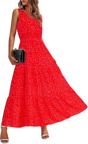 lcyhony Floral Dress for Women Summer Sleeveless V Neck Wrap Maxi Dresses Elegant Flowy A Line Casual Beach Vacation Sundress