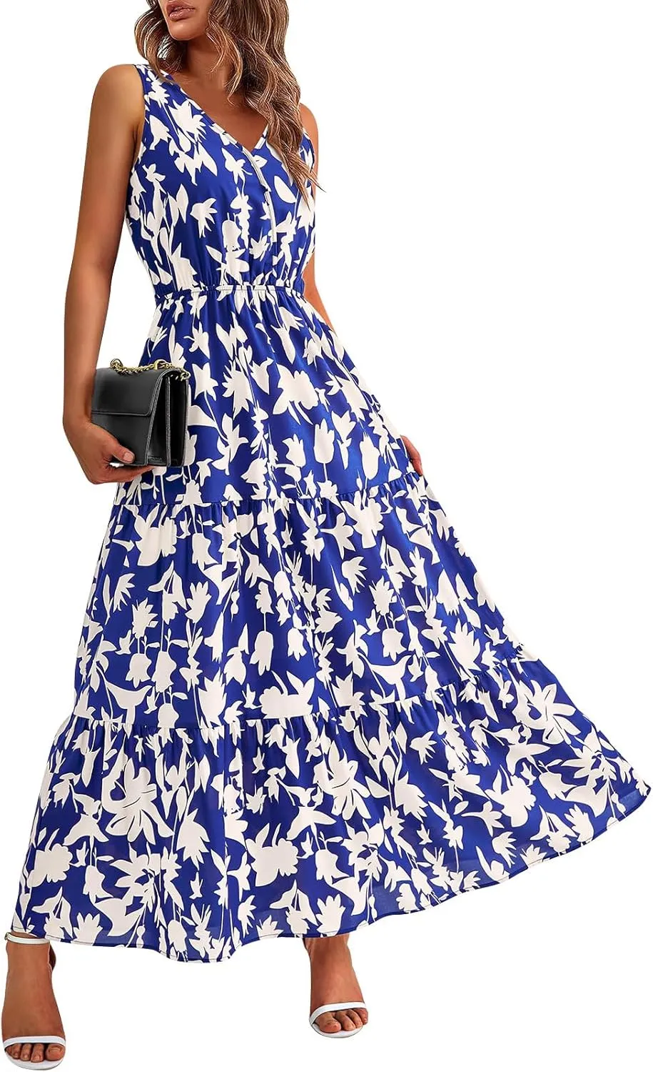 lcyhony Floral Dress for Women Summer Sleeveless V Neck Wrap Maxi Dresses Elegant Flowy A Line Casual Beach Vacation Sundress
