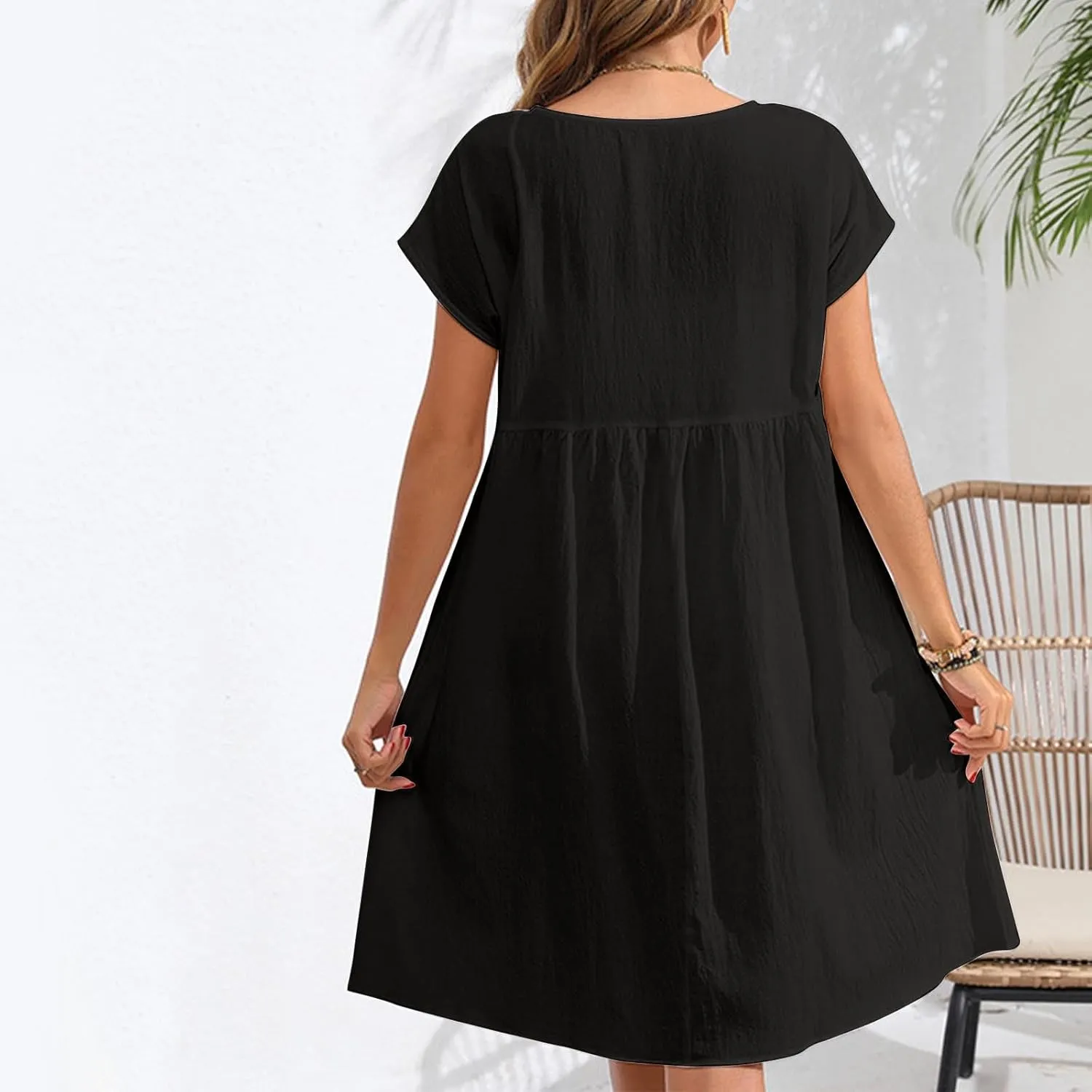 lcziwo Cotton Linen Dresses for Women Casual Summer Short Sleeve Crew Neck Midi Dress Travel Vacation Beach Flowy Sun Dress