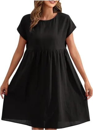 lcziwo Cotton Linen Dresses for Women Casual Summer Short Sleeve Crew Neck Midi Dress Travel Vacation Beach Flowy Sun Dress