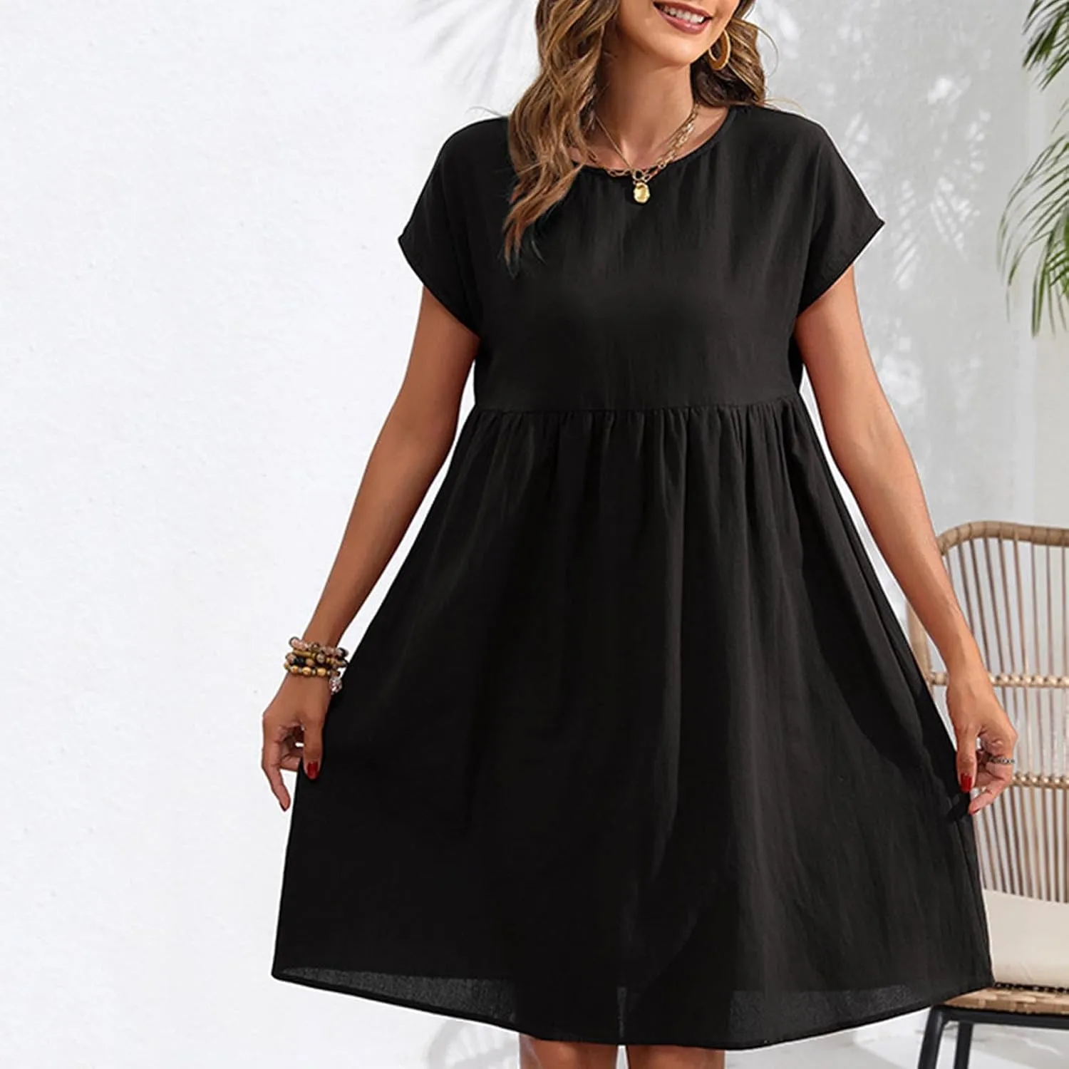 lcziwo Cotton Linen Dresses for Women Casual Summer Short Sleeve Crew Neck Midi Dress Travel Vacation Beach Flowy Sun Dress