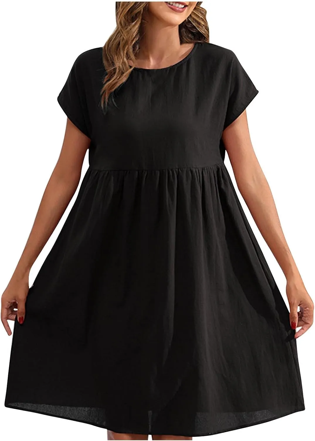 lcziwo Cotton Linen Dresses for Women Casual Summer Short Sleeve Crew Neck Midi Dress Travel Vacation Beach Flowy Sun Dress