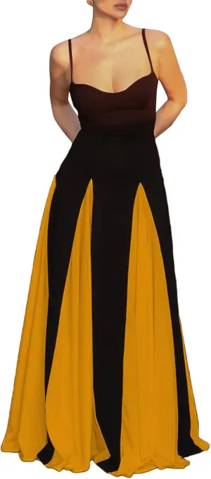 LETSVDO Women's Spaghetti Strap Color Block Dress Sleeveless Corset Patchwork Pleated Flowy Prom Party Maxi Dresses