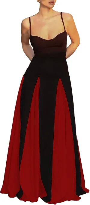 LETSVDO Women's Spaghetti Strap Color Block Dress Sleeveless Corset Patchwork Pleated Flowy Prom Party Maxi Dresses