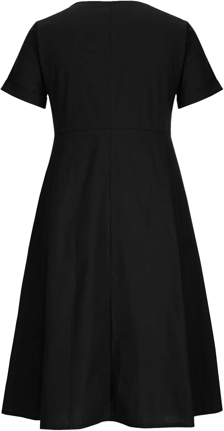 Linen Dresses for Women 2025 Short Sleeve V Neck Plus Size Midi Shirt Dress Flowy Loose Button Down Dress with Pockets