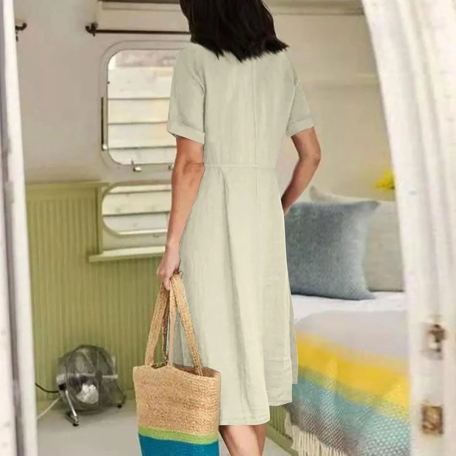 Linen Dresses for Women 2025 Short Sleeve V Neck Plus Size Midi Shirt Dress Flowy Loose Button Down Dress with Pockets