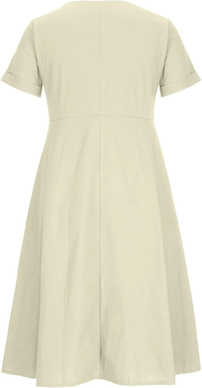 Linen Dresses for Women 2025 Short Sleeve V Neck Plus Size Midi Shirt Dress Flowy Loose Button Down Dress with Pockets