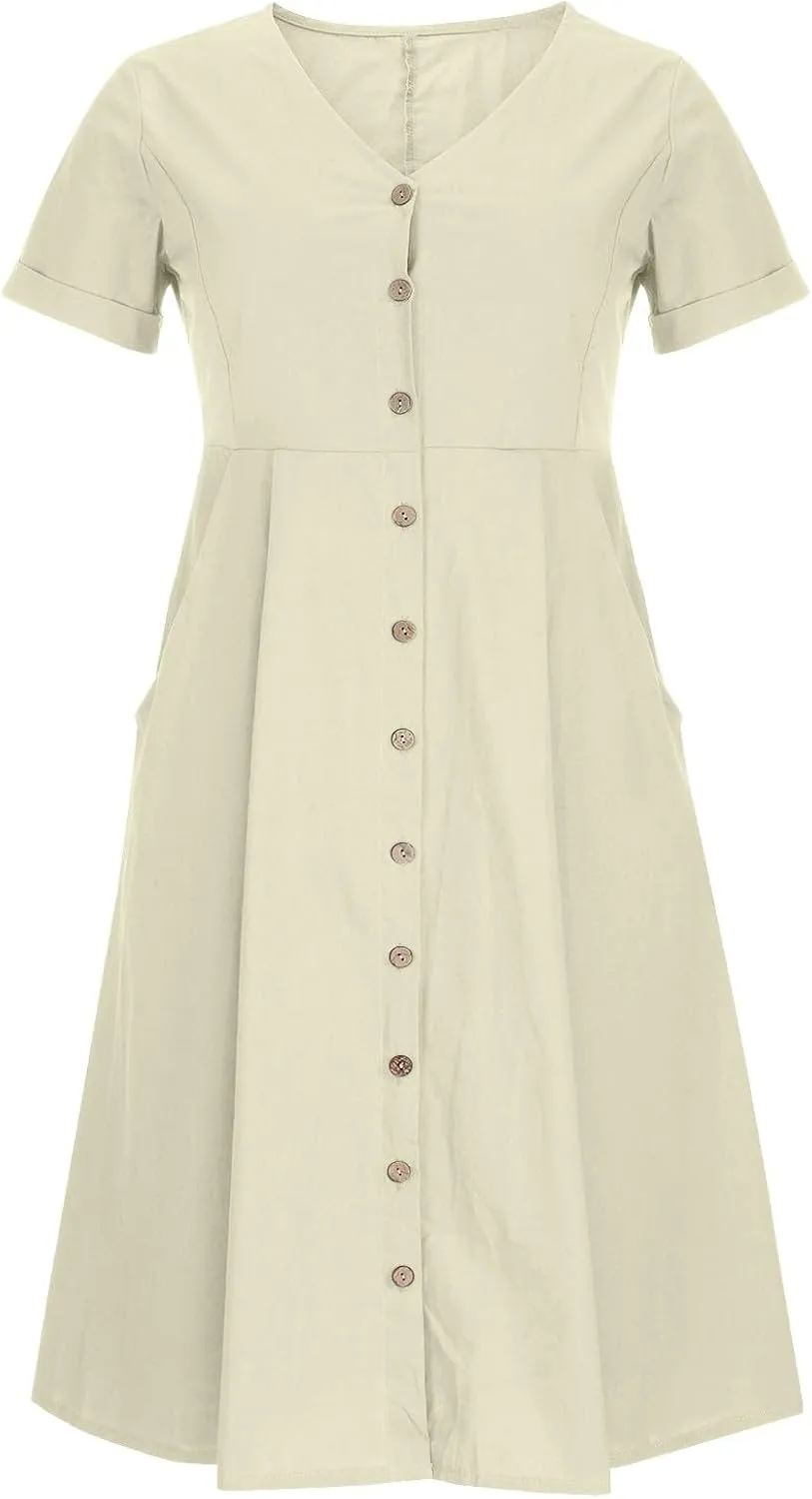 Linen Dresses for Women 2025 Short Sleeve V Neck Plus Size Midi Shirt Dress Flowy Loose Button Down Dress with Pockets