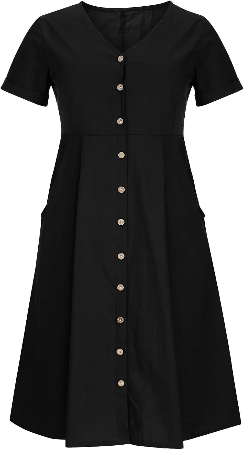 Linen Dresses for Women 2025 Short Sleeve V Neck Plus Size Midi Shirt Dress Flowy Loose Button Down Dress with Pockets