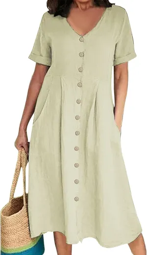 Linen Dresses for Women 2025 Short Sleeve V Neck Plus Size Midi Shirt Dress Flowy Loose Button Down Dress with Pockets