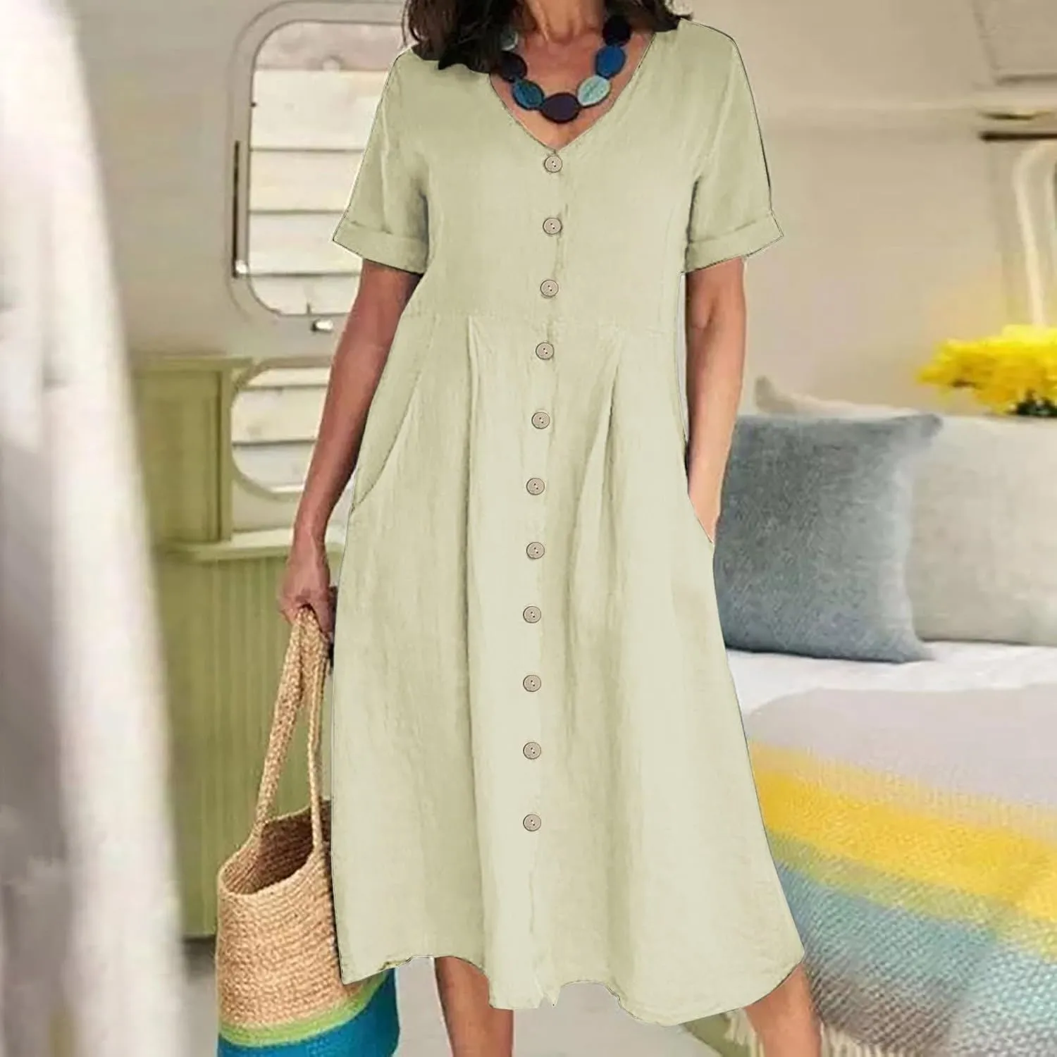 Linen Dresses for Women 2025 Short Sleeve V Neck Plus Size Midi Shirt Dress Flowy Loose Button Down Dress with Pockets