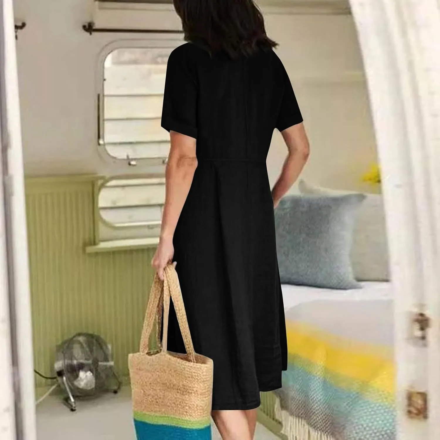 Linen Dresses for Women 2025 Short Sleeve V Neck Plus Size Midi Shirt Dress Flowy Loose Button Down Dress with Pockets