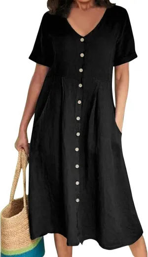 Linen Dresses for Women 2025 Short Sleeve V Neck Plus Size Midi Shirt Dress Flowy Loose Button Down Dress with Pockets