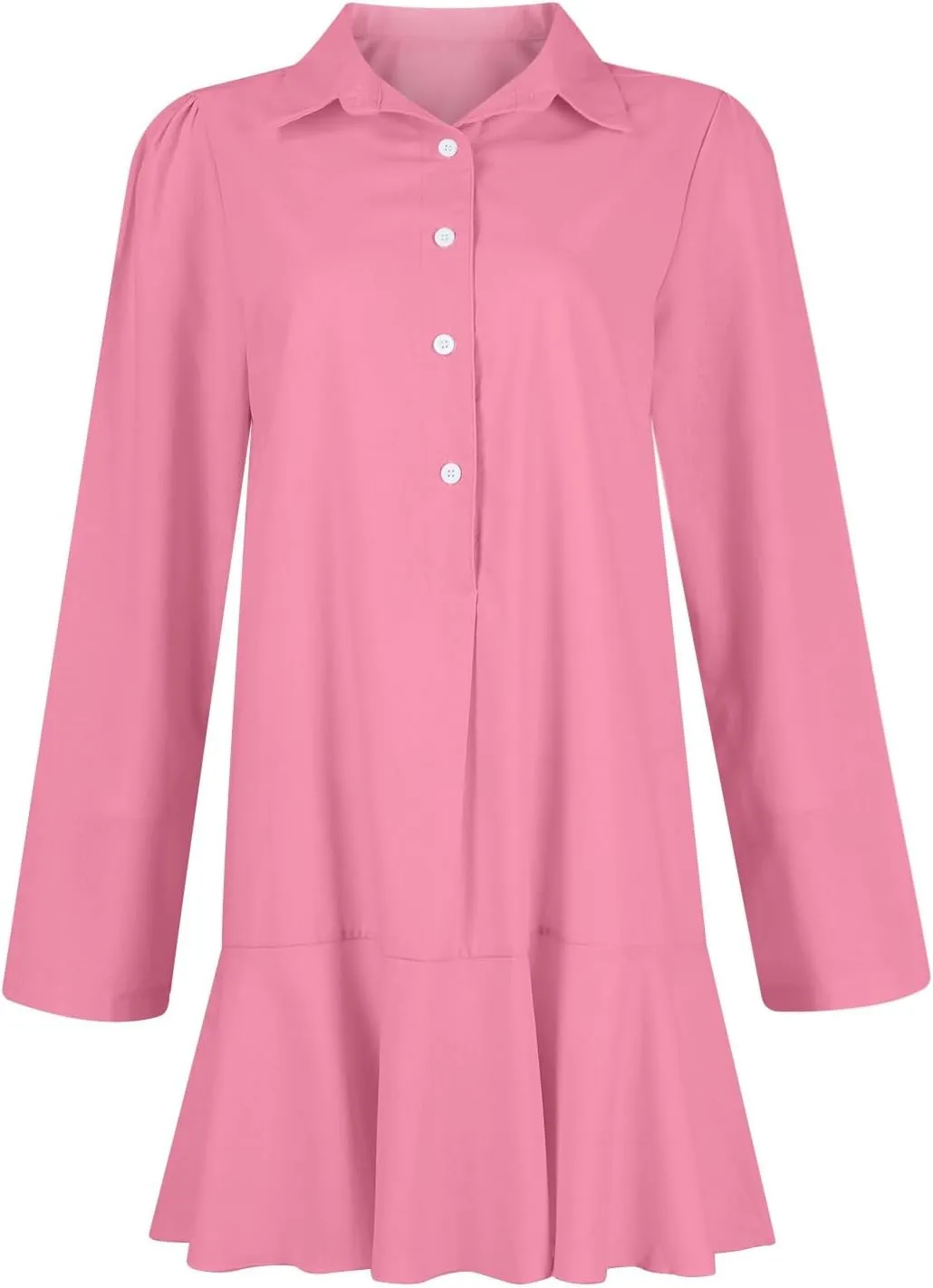 Linen Shirt Dresses for Women Button Down Long Sleeve Short Mini Dress Classic Collar Ruffle Flowy Hem Sundress