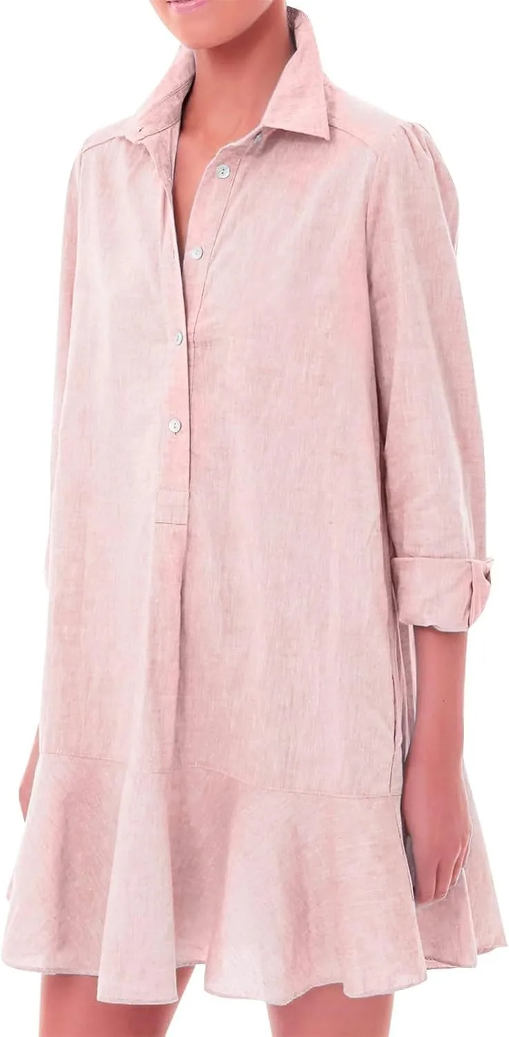Linen Shirt Dresses for Women Button Down Long Sleeve Short Mini Dress Classic Collar Ruffle Flowy Hem Sundress