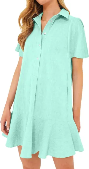 Linen Shirt Dresses for Women Button Down Long Sleeve Short Mini Dress Classic Collar Ruffle Flowy Hem Sundress